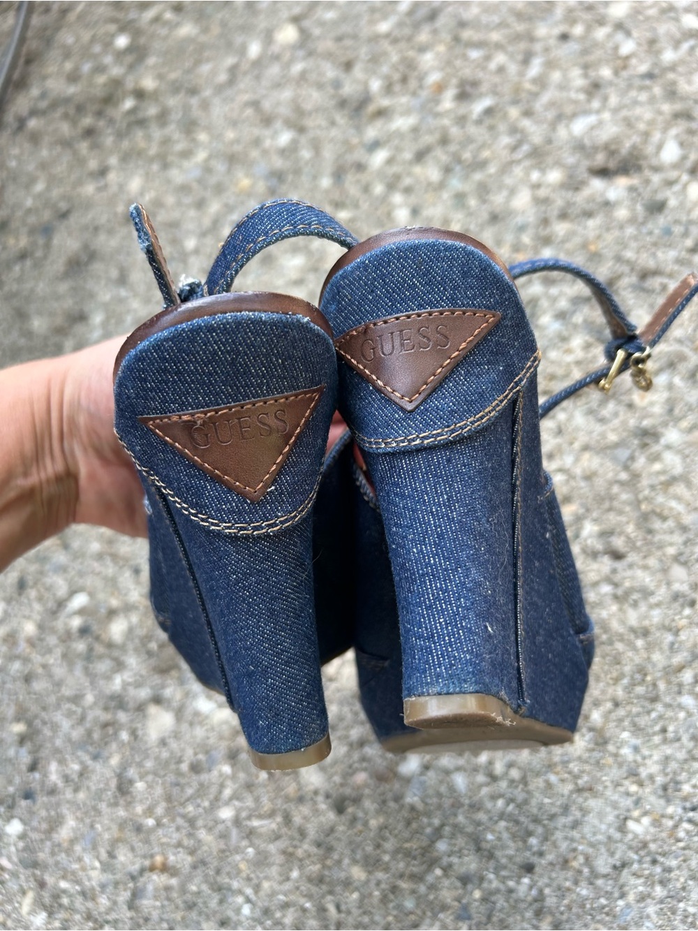 GUESS Denim Wedge Sandals Size 7.5 Women’s Y2K Blue Heels - Picture 3 of 6